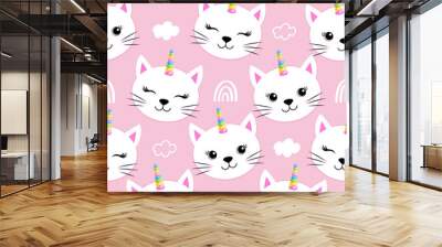 Cute white cat faces with unicorn hors - funny doodle, seamless pattern. sleeping mask, stars, hearts. Cartoon background, texture for bedsheets, pajamas. Wall mural