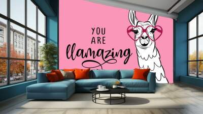 You are llamazing - funny vector quotes and llama drawing. Lettering poster or t-shirt textile graphic design. / Amazing llama character illustration on isolated pink background. Wall mural