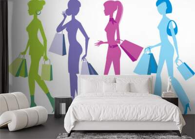 Colorful shopping girls silhouettes Wall mural