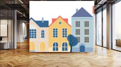 Cute vintage houses, city buildings. Cozy town panorama with home exteriors. Old town street in little european village. Wall mural