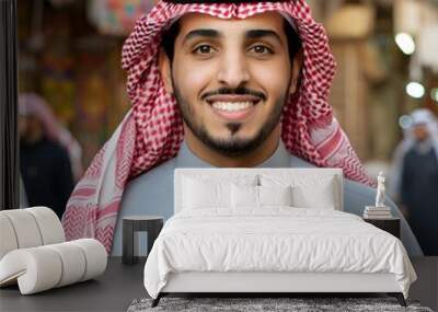 Confident Middle Eastern Saudi Man Smiling in Traditional Market Wall mural