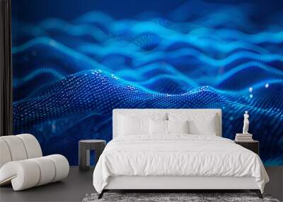 , science fiction background of glowing particles with depth of field and bokeh, blue particles form line and surface grid microcosm or space,Network of bright connected dots and lines  Wall mural