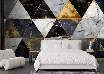 a modern black and red pattern of triangles and squares, in the style of light amber and amber, wood veneer mosaics, digitally enhanced, ceramic, dark   golden, contemp, black and gold texture  Wall mural