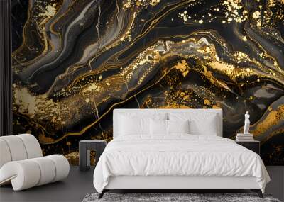 Luxury Gold Marble texture backgr, Panoramic Marbling texture design,Gold and black marble texture background, tile pattern , golden on black background, Painting streams texture wallpaper Wall mural