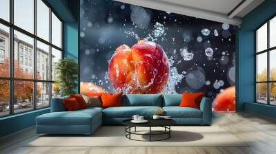 Plenty of water is poured over an apple against a black background ,Vibrant red apple making a splash, captured in high detail against a dark background
 Wall mural