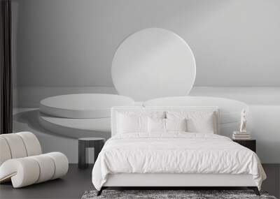 Simple circular podium gracefully adorns a modern white table, creating a scene of tranquil beauty,Minimal white round product podium showcase stage on circular background. Abstract object and busines Wall mural