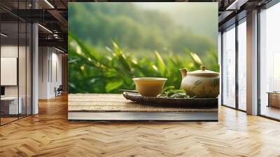 Tea leaves and a cup on a wooden table with a tea plantation backdrop,Tea cup standing on the wooden table with tea plantation on background Wall mural