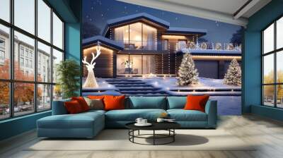 A modern luxury home exterior decorated with white Christmas lights along the roof and a lit-up reindeer on the lawn. Keep the bottom-right corner empty for a logo. Wall mural