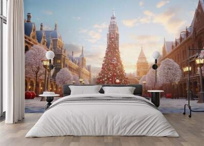 City square surrounded by historic buildings with a towering Christmas tree covered in ornaments. Wall mural