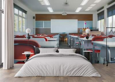 Classroom with modern desks, ergonomic chairs, and a whiteboard at the front Wall mural