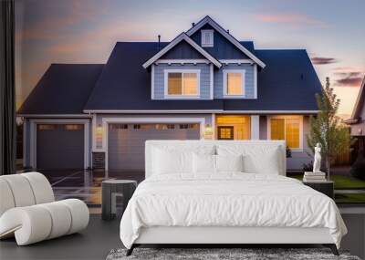 Electric blue house in a suburban sector, with quaint windows, on an expansive property, during early evening twilight. Wall mural