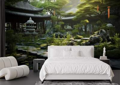 Jade Tranquility: A tranquil garden with ornamental jade stones, exuding a sense of peace and balance. Wall mural