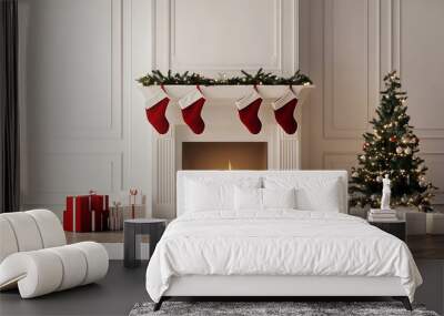 Minimalist Christmas Fireplace with Simple Stockings Wall mural