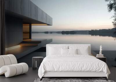 Minimalist cubic house with a smooth concrete finish and hidden lighting, overlooking a calm lake. Wall mural