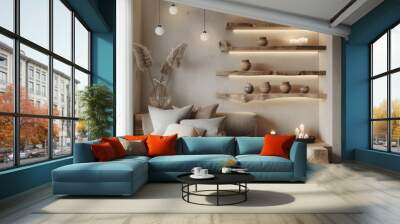 Minimalist Scandinavian living room with bespoke wooden shelving, a muted color sofa, and ambient lighting. Wall mural