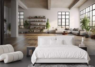 the spacious interior of a modern contemporary loft with a wooden floor adorned with potted plants. The image conveys the serene and high-quality ambiance of the room. Wall mural