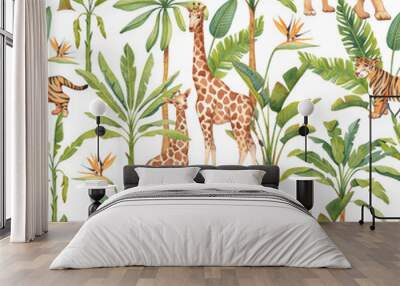 Beautiful seamless pattern with watercolor tropical palm trees and jungle animals lion, giraffe, tiger cub on a white background. Stock illustration. Wall mural