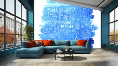 Doodles set of Mexico on blue watercolor background. Vector illu Wall mural