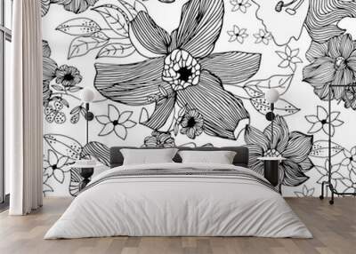 Floral seamless pattern with white flowers and black outline on them Wall mural