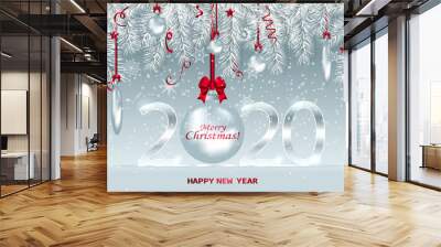 2020 Happy New Year poster with fairy winter background. Vector Illustration for holiday greeting card, invitation, calendar or banner. Wall mural