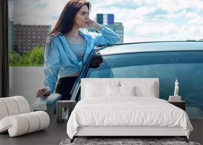 A girl sits in the car window. Wall mural