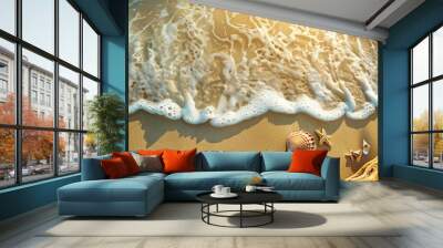 Top view of a sunlit beach with gentle waves and sandy shore, decorated with seashells and driftwood for a summer sale promotion banner Wall mural