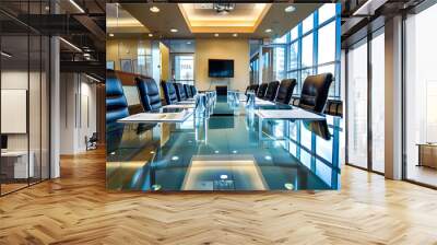 a polished corporate meeting room with a long glass conference table. Wall mural