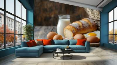 Egg and bread with milk on a plate with wooden background. Wall mural