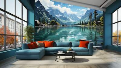 A painting with beautiful mountain scenery and blue waters in the background. Background wallpaper Wall mural