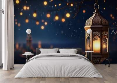 Hanging lantern with night sky and city bokeh light background for Muslim holiday holy month Ramadan Kareem, fasting, eid day Wall mural