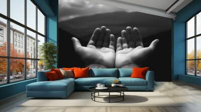 Ramadan kareem concept, Black and white prayer hands open two empty hands with palms up to pray God Wall mural