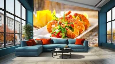 Balkan cuisine. Sea prawns with Mexican salsa on the background of geographical maps, rope and empty bottles. concept sea voyage. Copy space, selective focus Wall mural