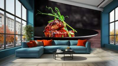 the concept of american cuisine. roasted pork ribs, baked and glazed in barbecue sauce. serving dish Wall mural