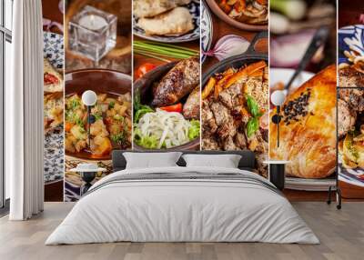 The concept of Traditional Eastern, Asian. Arabic cuisine. Seth from different dishes. background image. Wall mural