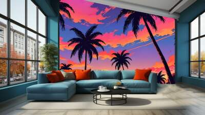 A retro 80s sunset with palm trees and bright colors Wall mural