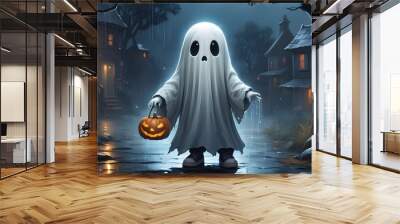 cute ghost kid in rain dark halloween canvas painting Wall mural