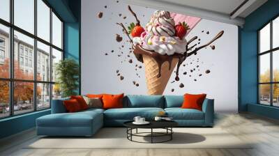 single wafer cone with three exploding scoops of chocolate Wall mural