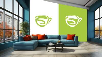 coffee cup logo with leaf line style, simple coffee logo vector, green tea logo, organic drink logo Wall mural