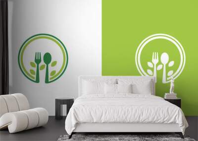 fork and spoon logo design with leaves. organic food design. icon symbol for health restaurant food in simple design Wall mural