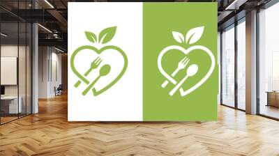 Heart abstract logo template with cutlery and leaves. green food love logo, organic food lover, symbol of healthy food, health nutrition and diet menu. Simple linear line concept with some preview col Wall mural