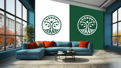 line art nature logo vector design of tree and man or person inside circle, abstract tree logo symbol inside circle	 Wall mural