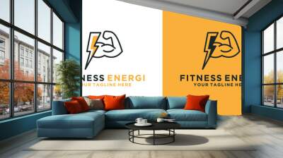 muscular arms with a combination of energy signs. fitness logo design template. logo for sports, fitness and physical health Wall mural