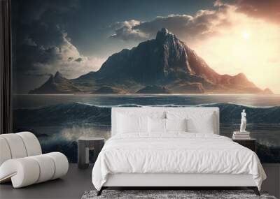 There is a mountain with an ocean in front of it and the sun is shining on the mountain and the ocean Wall mural