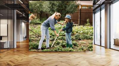 Happy family mom, girl and teenager boy working in a garden with rake and shovel. Countryside farm. Wall mural