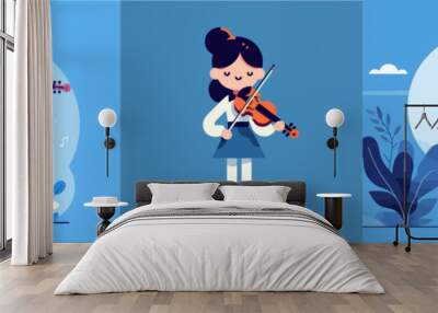 cartoon illustration of a girl playing violin Wall mural