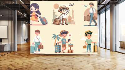 cartoon people travel with suitcase. Tourist people on vacation trip with luggage. Young character go abroad in summer holiday Wall mural