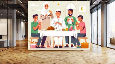 flat vector illustration of people breaking the fast. simple and minimalist design.  Illustration of Muslim families are breaking the fast together Wall mural