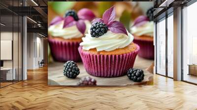 Delicious Blackberries Cupcakes with Whipped Cream Wall mural