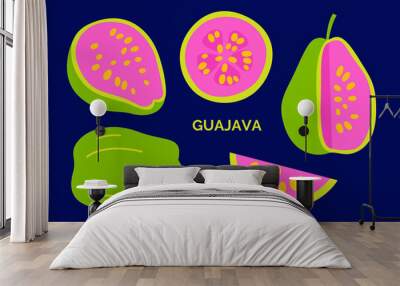 Set of exotic guajava. Vector doodle illustration. Tropical guava collection isolated on the dark background Wall mural