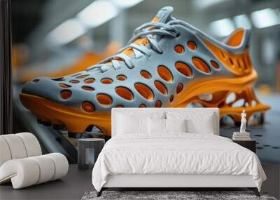 A close-up of a futuristic, orange and white shoe on a conveyor belt in a factory. Wall mural